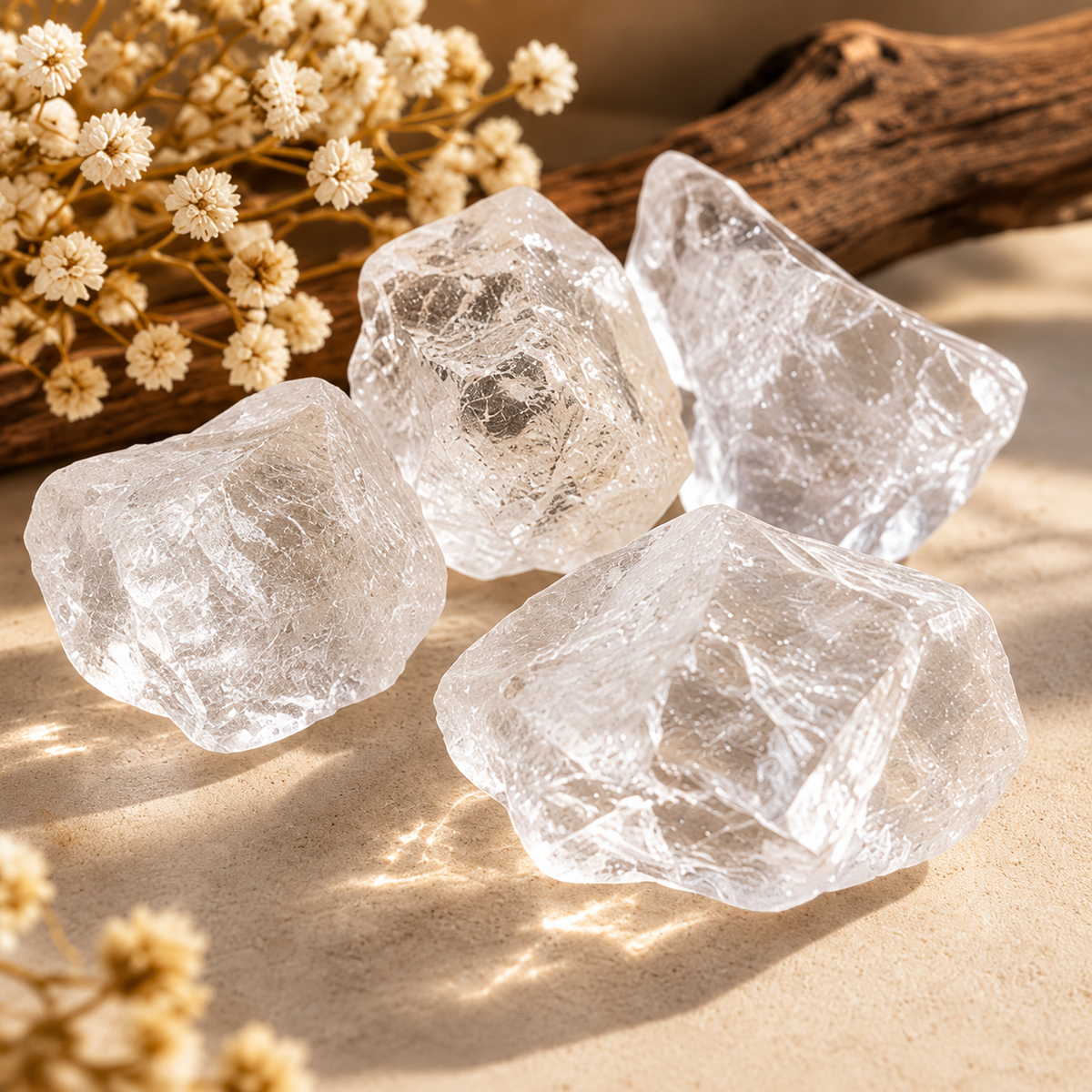 Clear Quartz raw crystal pieces styled with dried flowers and natural wood on a warm neutral background
