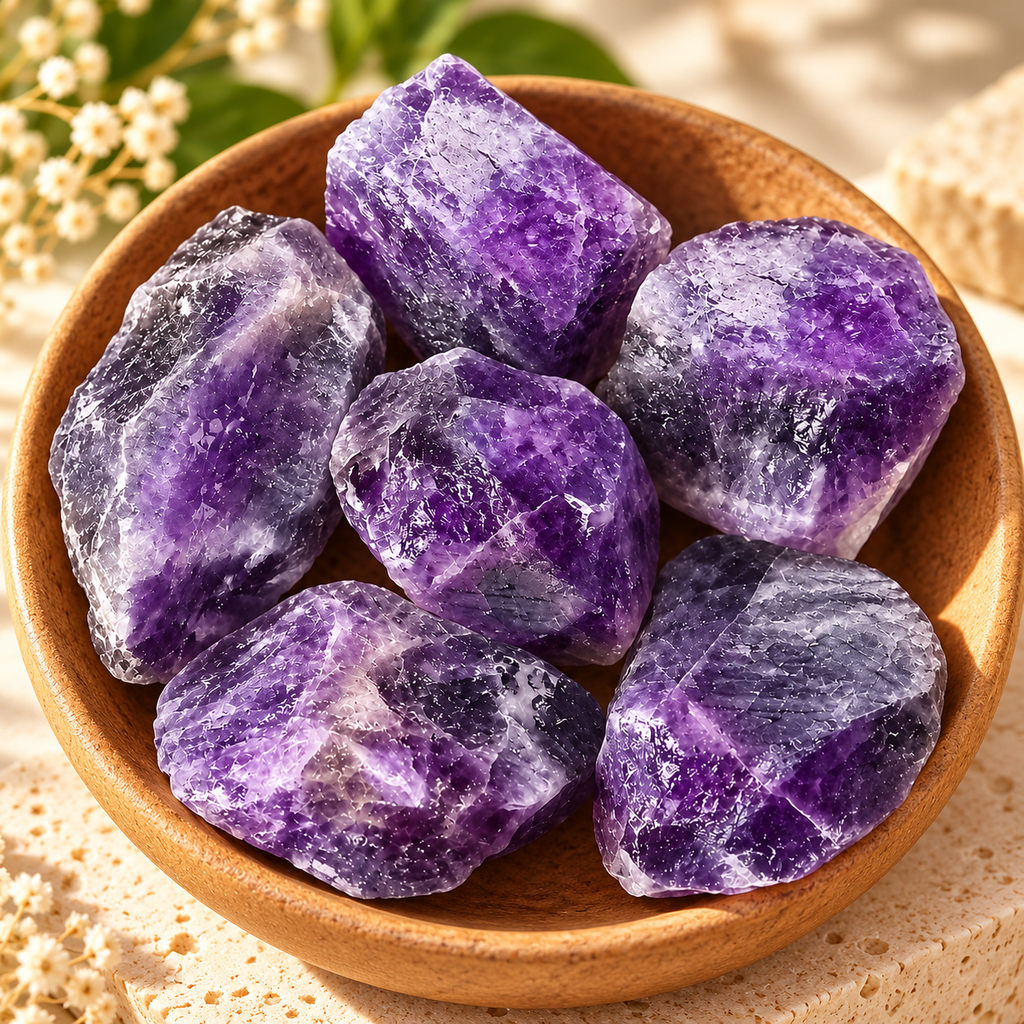 Raw Purple Fluorite crystal pieces arranged in a wooden bowl with soft sunlight and earthy styling