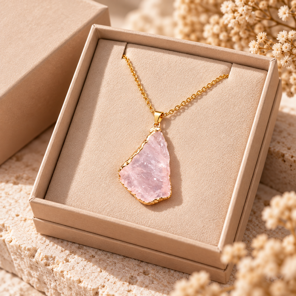 Rose Quartz Crystal Necklace presented in a gift box with soft neutral jewelry styling