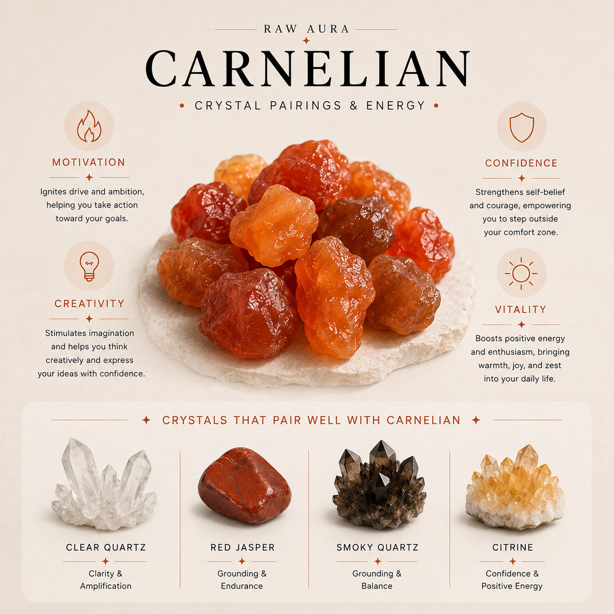 Carnelian crystal energy and crystals that pair well with Carnelian