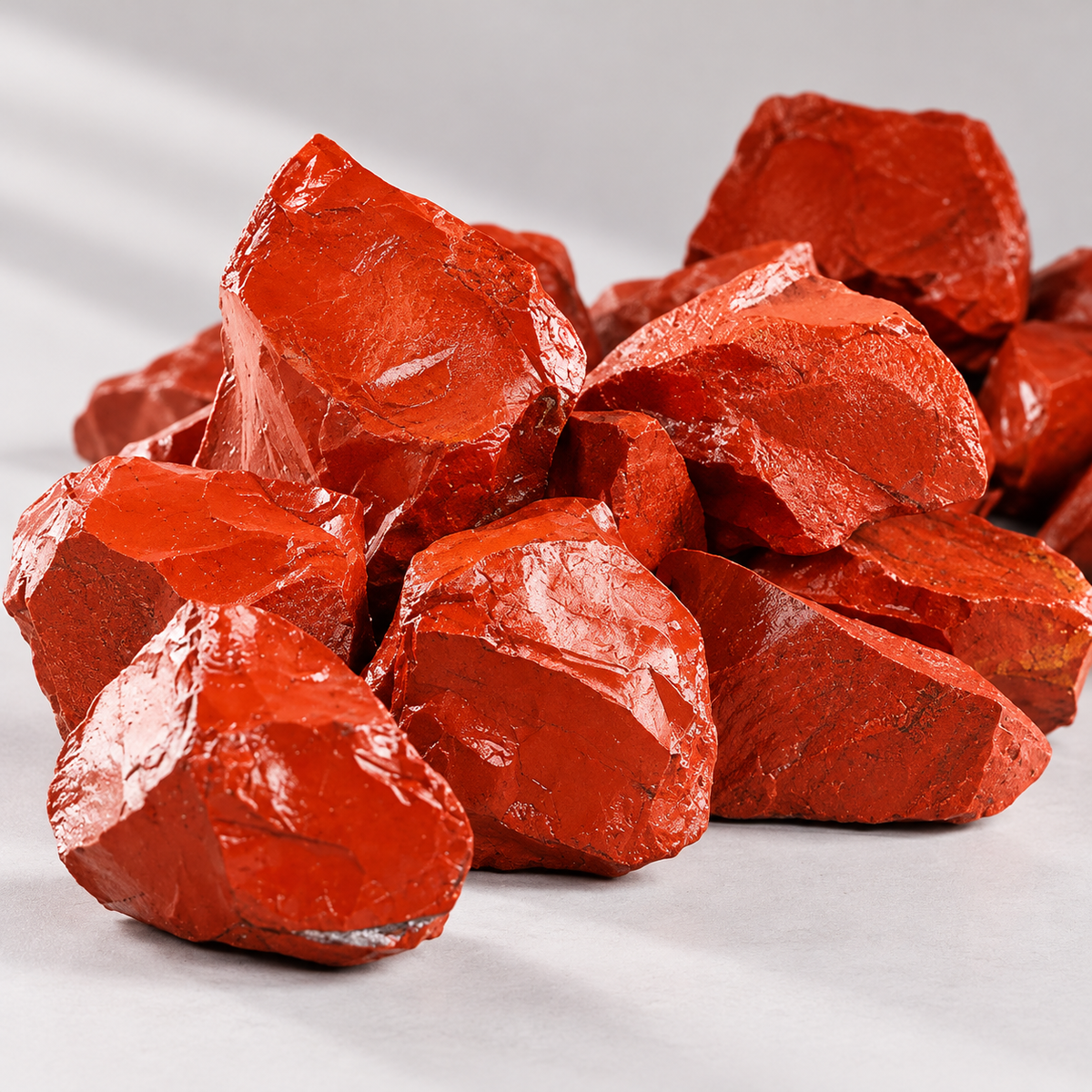 Close-up of Red Jasper raw crystal pieces on a clean neutral background showing natural surface texture