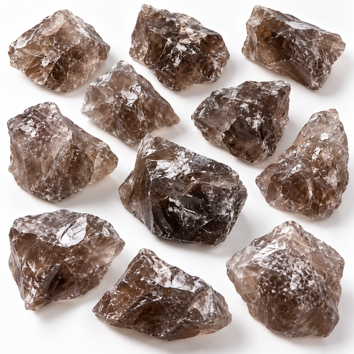 Top view of multiple Smoky Quartz raw crystal pieces on a clean white background showing natural color variations