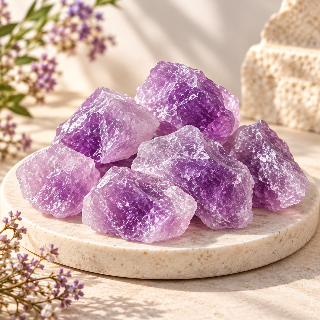 Raw Amethyst Crystal styled with floral accents in a warm sunlight product scene