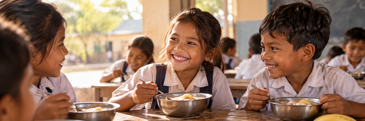 Children sharing breakfast in a modest school setting